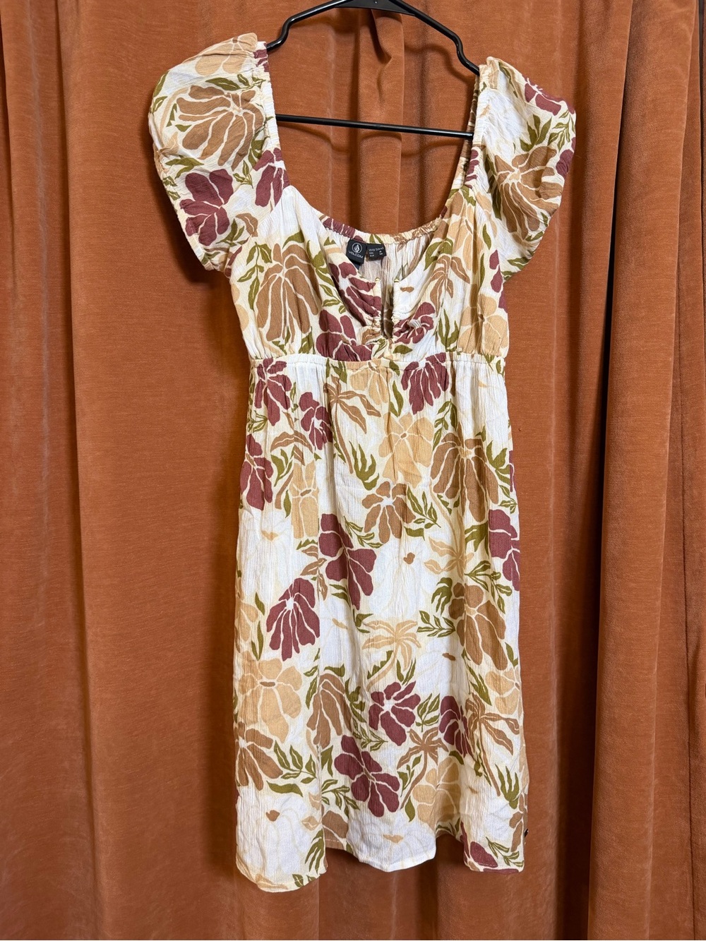 Volcom True To This Floral Puff Sleeve Mini Dress Size Small Boho Cottagecore